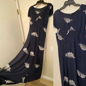 Obey navy blue front tie V-neck summer dress feather fern 100% viscose small